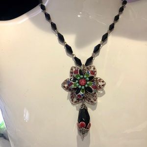 Jet Black Necklace w/ Ant.Silver Filigree Flower